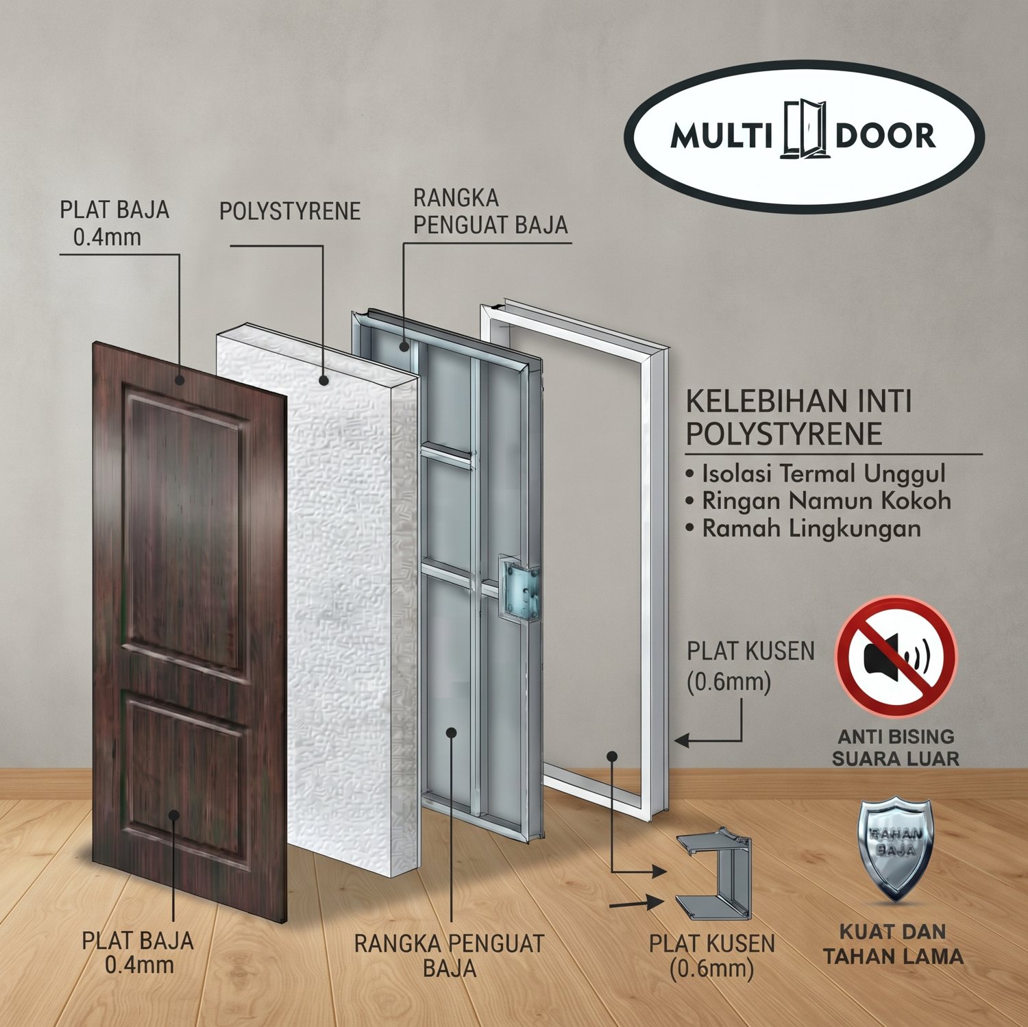 Lapisan pintu MULTIDOOR: plat baja 0,4 mm, inti polystyrene, rangka penguat baja, dan plat kusen 0,6 mm